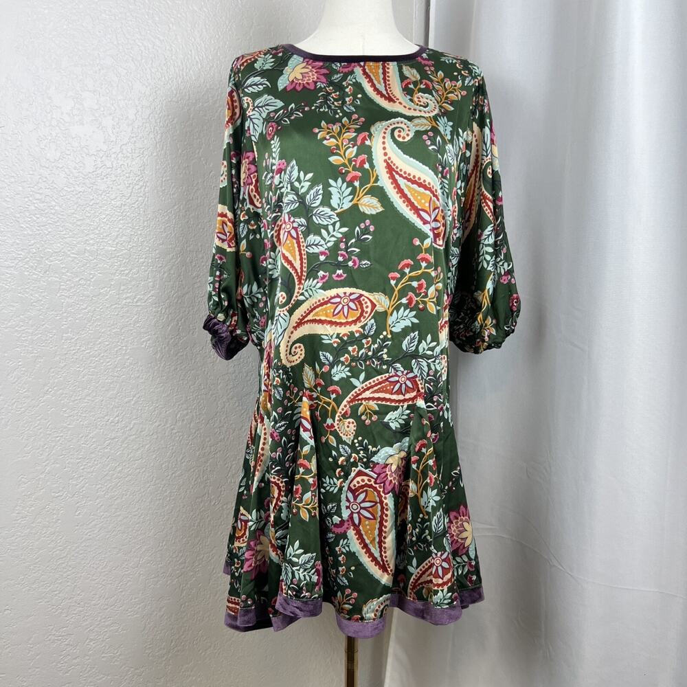 Umgee Mini Dress‎ Womens Small Green Floral Satin Boho Retro Artsy Eclectic 70s